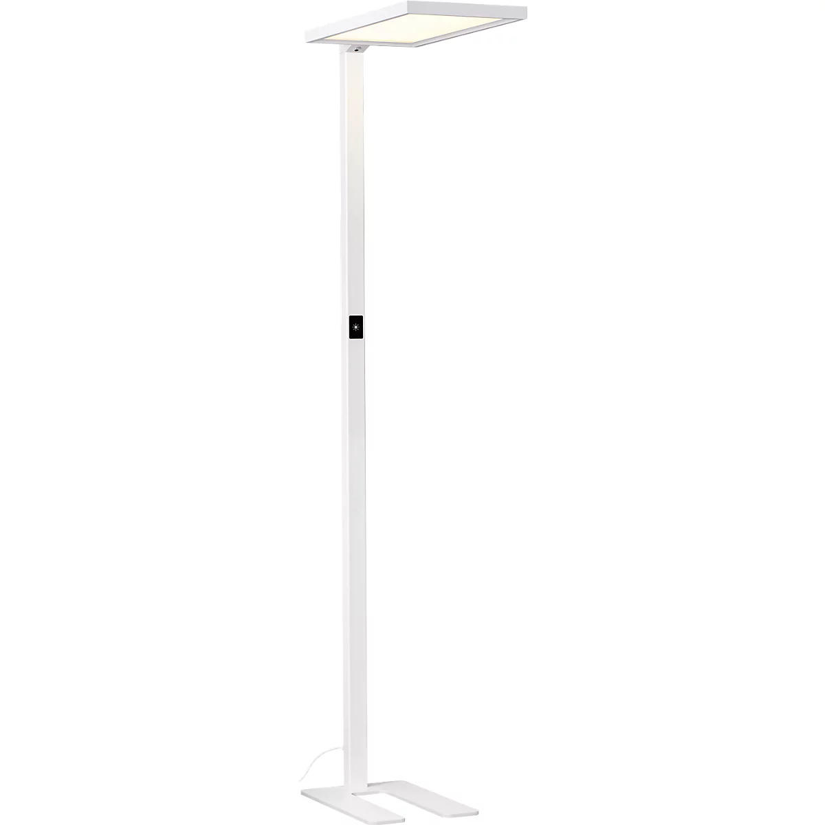 Weiße Stehleuchte mit quadratischem Lampenkopf. Auf der Säule befindet sich ein schwarzer Schalter, der Fuß hat eine U-Form.