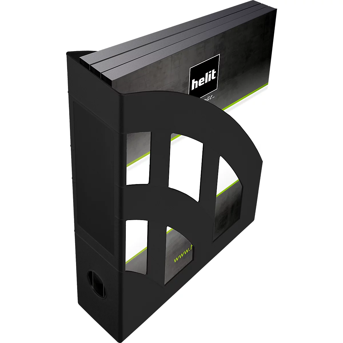 Schwarzer Zeitschriftenhalter, teilweise ausgeschnittenes Design. Mit gefülltem Papier. 'Helit' Logo.