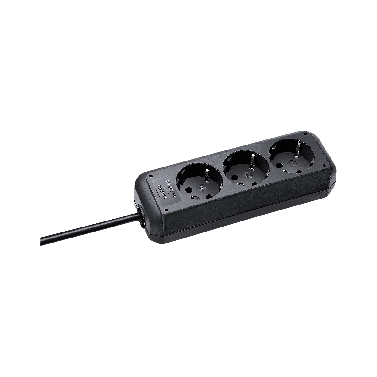 Zwart drievoudig stopcontact met kabel op witte achtergrond.