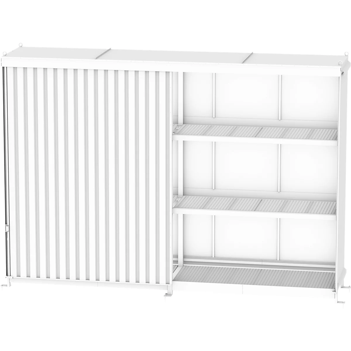 Witte open kast met planken. Linker deel met lamellen die kunnen worden verschoven. Aan de rechterkant zijn drie planken te zien.