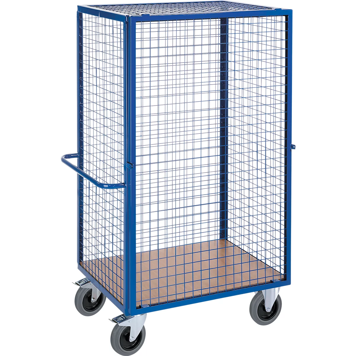 Blauwe rasterwagen met vier wielen, transportwagen met houten plaat.