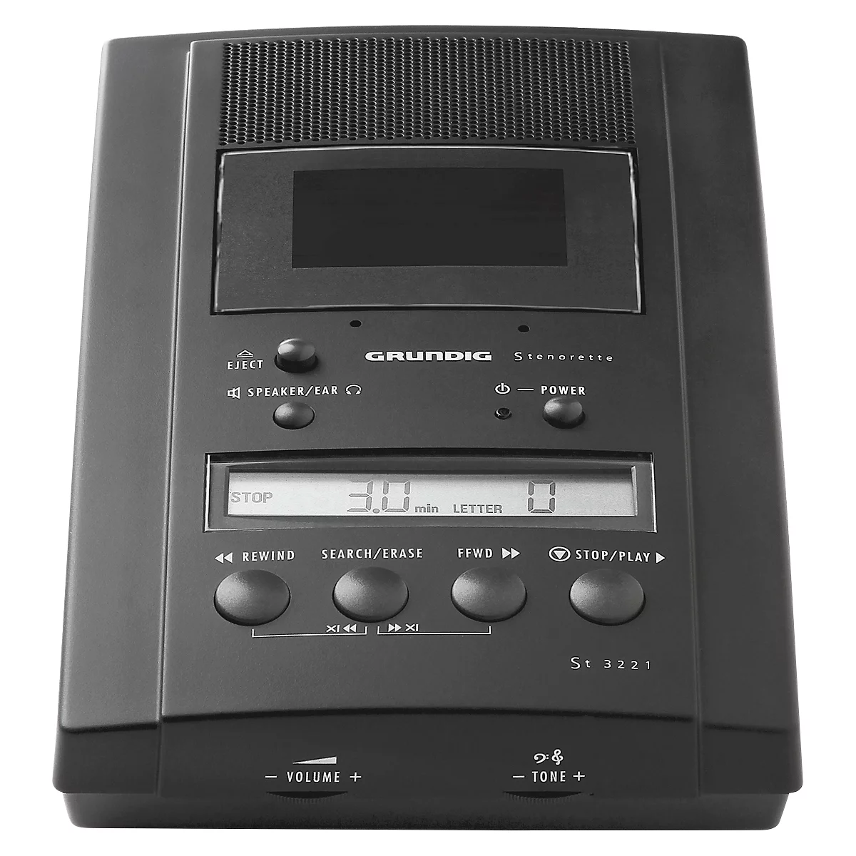 Ein schwarzes Grundig Diktiergerät mit verschiedenen Knöpfen und einem Display.