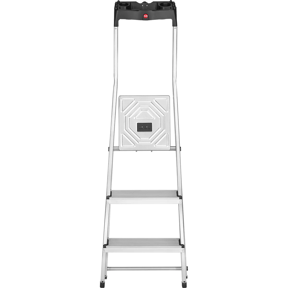 A silver step ladder with four steps and a black handrail. The top step is square with a hexagonal pattern.