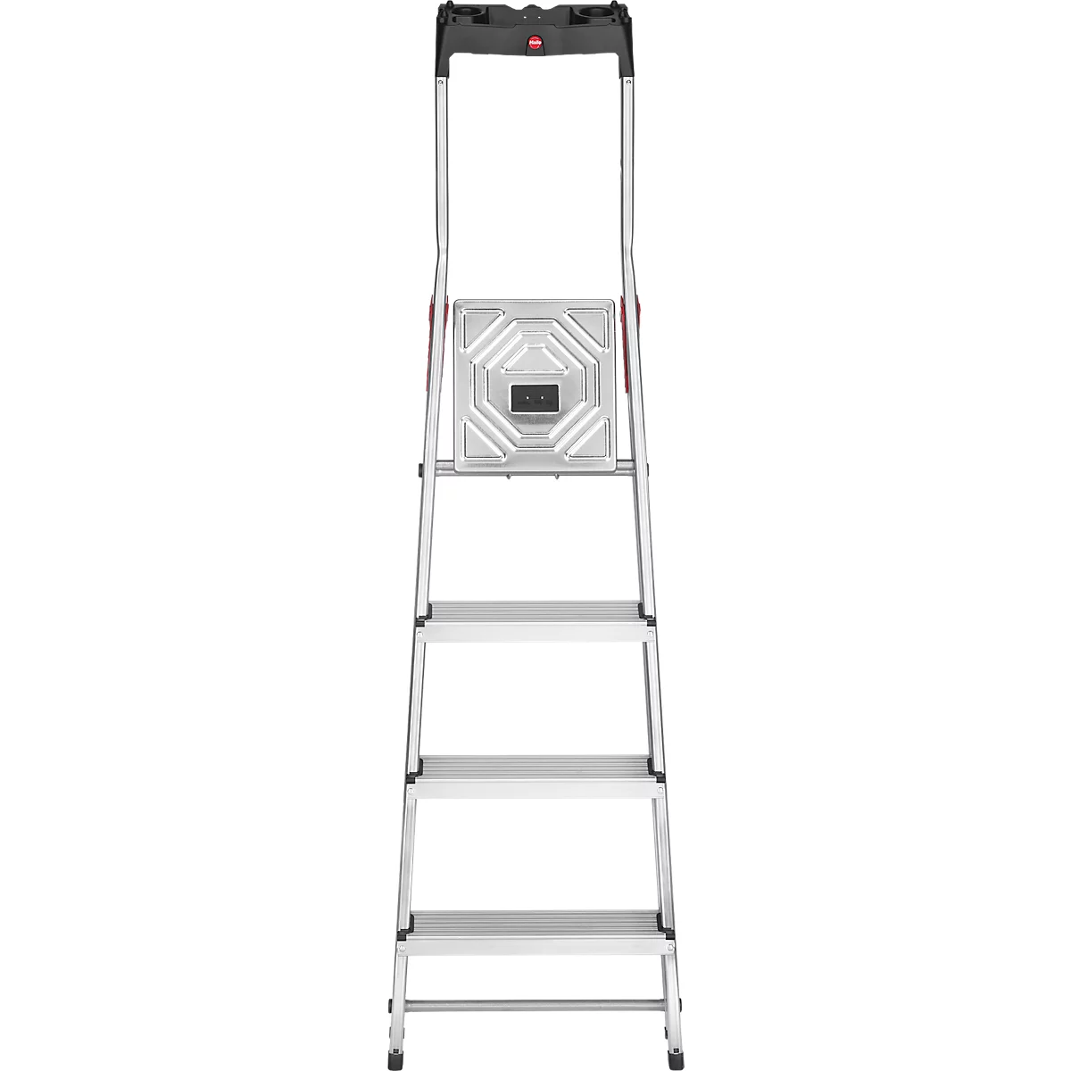 A silver step ladder stands center. The ladder has four steps and a black handle.