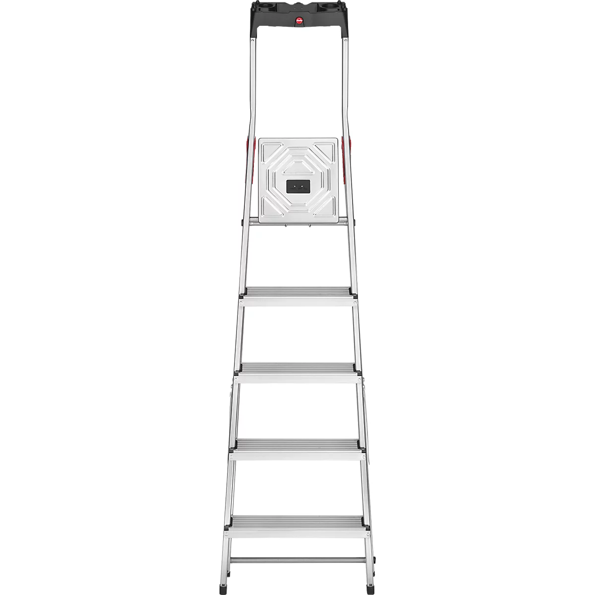A silver step ladder with six steps stands against a white background. There is a black handle at the top.