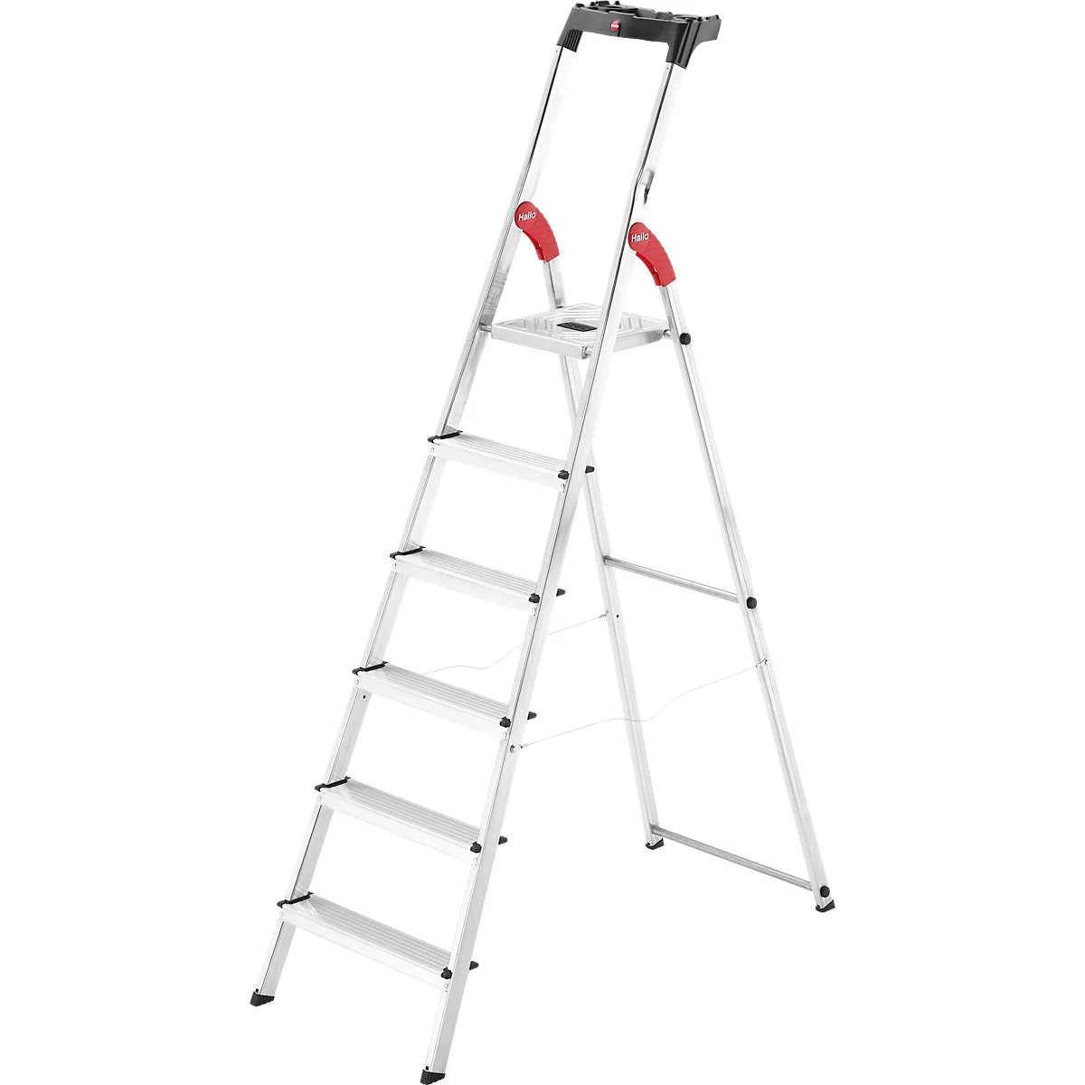 Folding aluminum ladder with red handles, 6 steps.