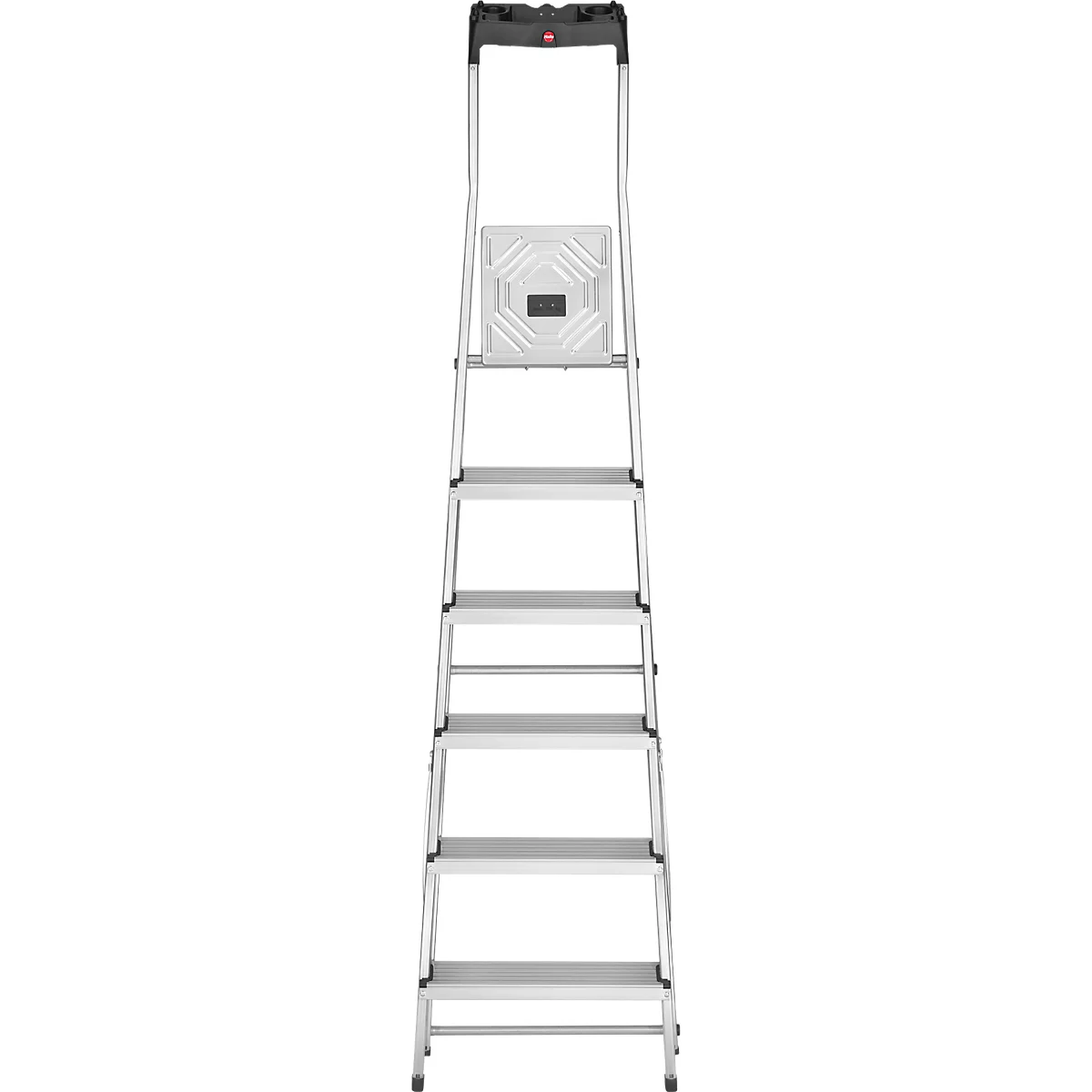 Aluminum ladder, with 6 steps. Black handgrip at the top. A white, square element is on one step.