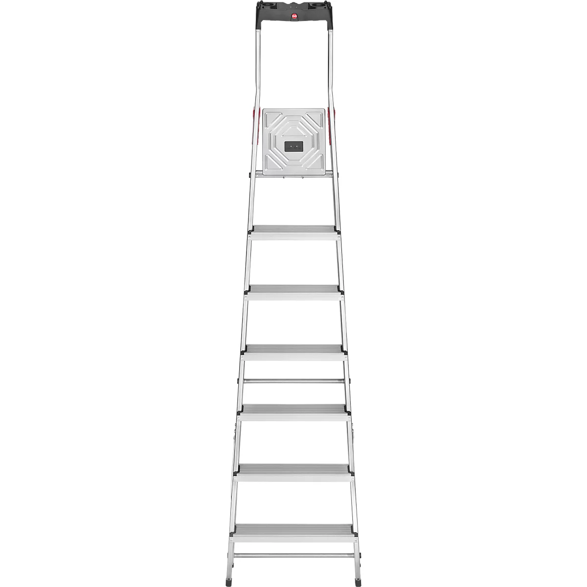 A silver step ladder with black steps, red writing and a handle. It stands against a white background.