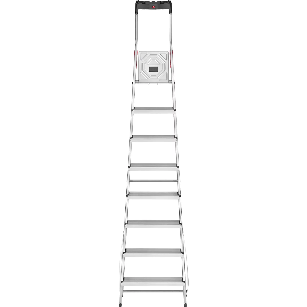 A silver step ladder with black steps and a black handle.