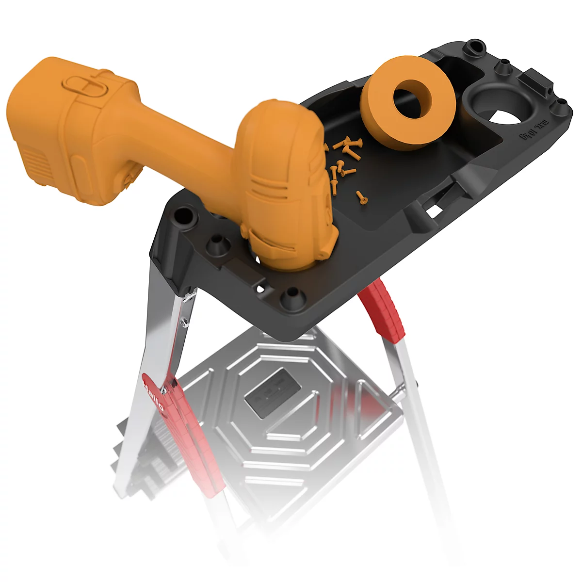 An orange drill rests on a black tool tray, which sits on a folded step ladder.