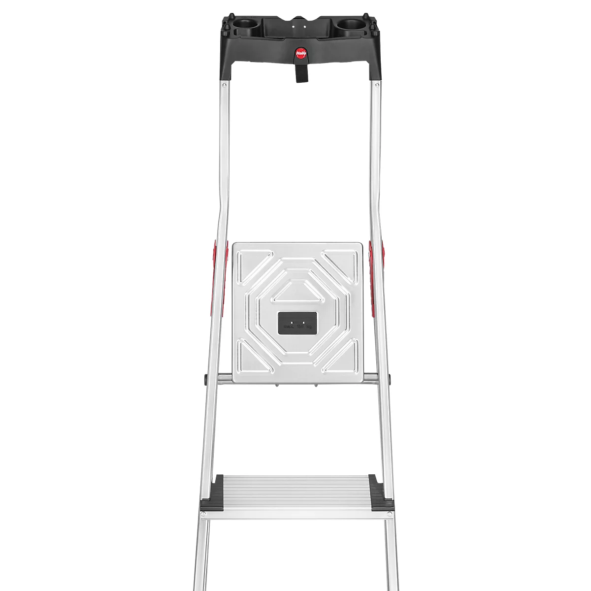 A metal step ladder with two steps and a storage tray.