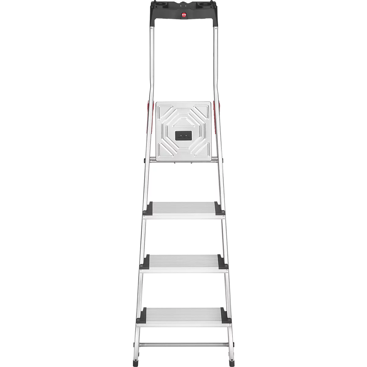 A silver step ladder with four steps and a black handrail. The platform is white with a black rectangle in the middle.