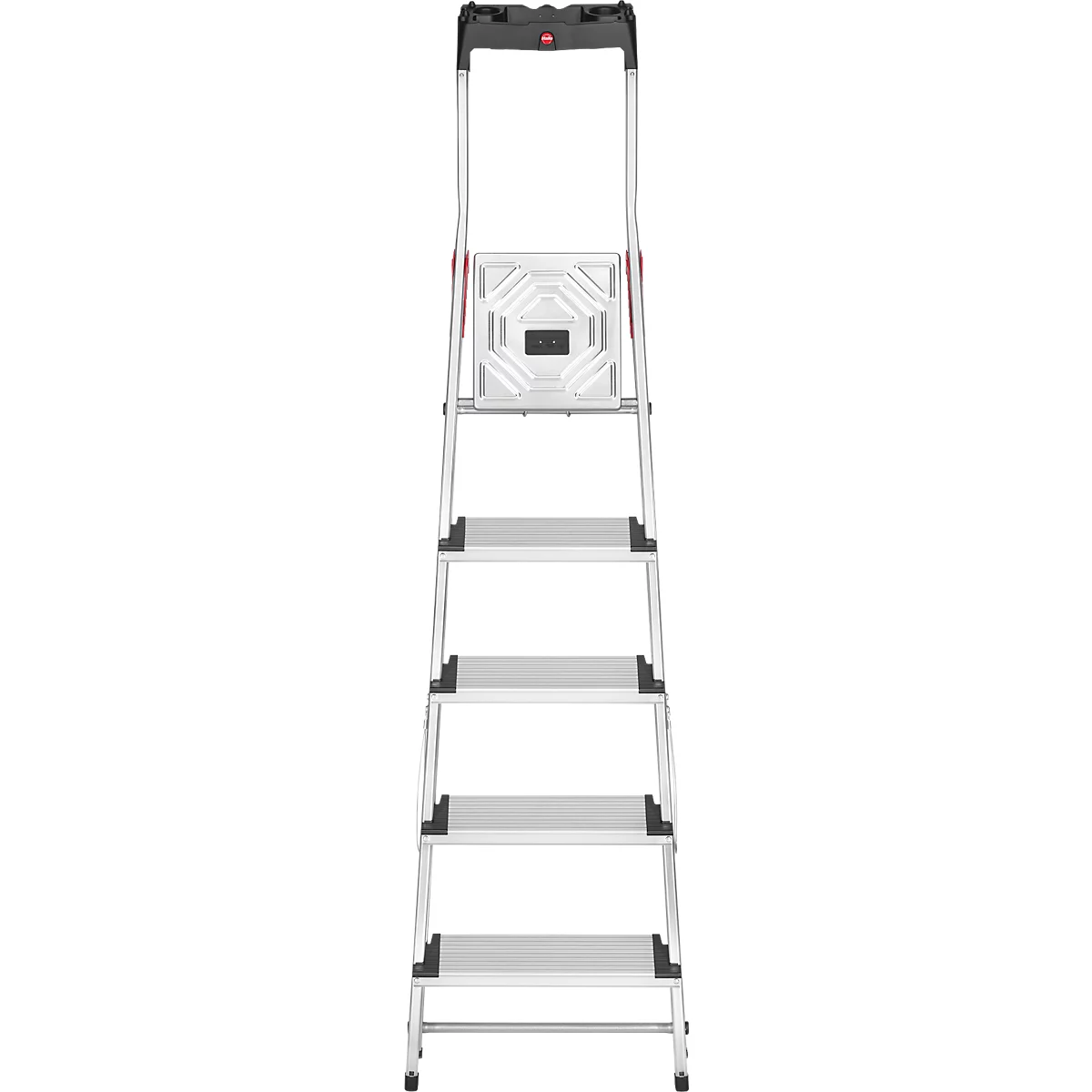 A bright, silver stepladder. It has six steps and a black handle.