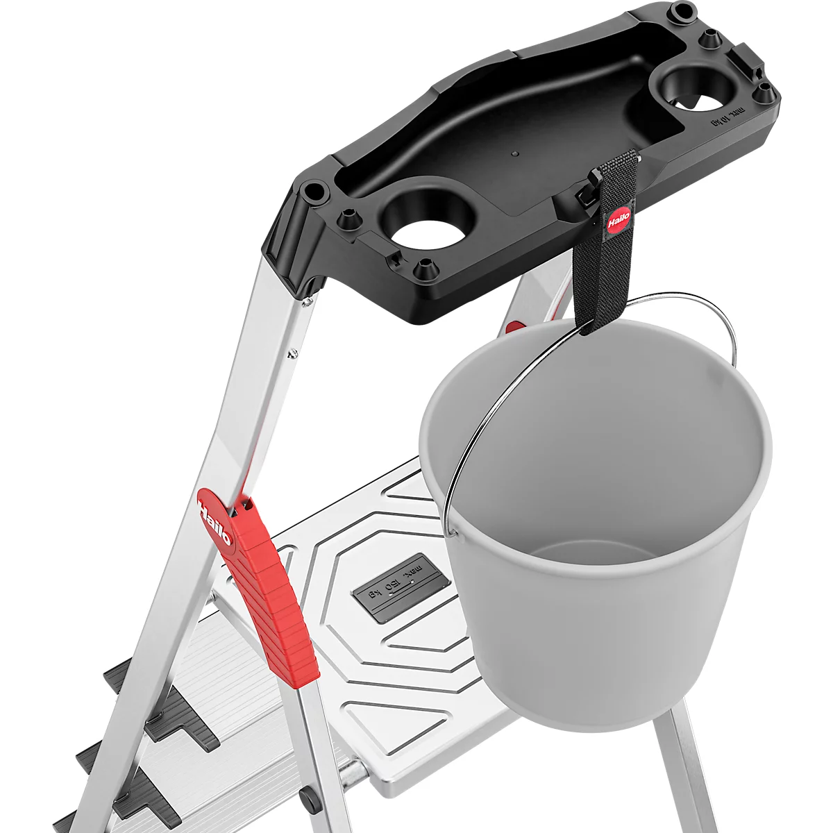 Gray ladder with black shelf and bucket holder. A gray bucket hangs from it.