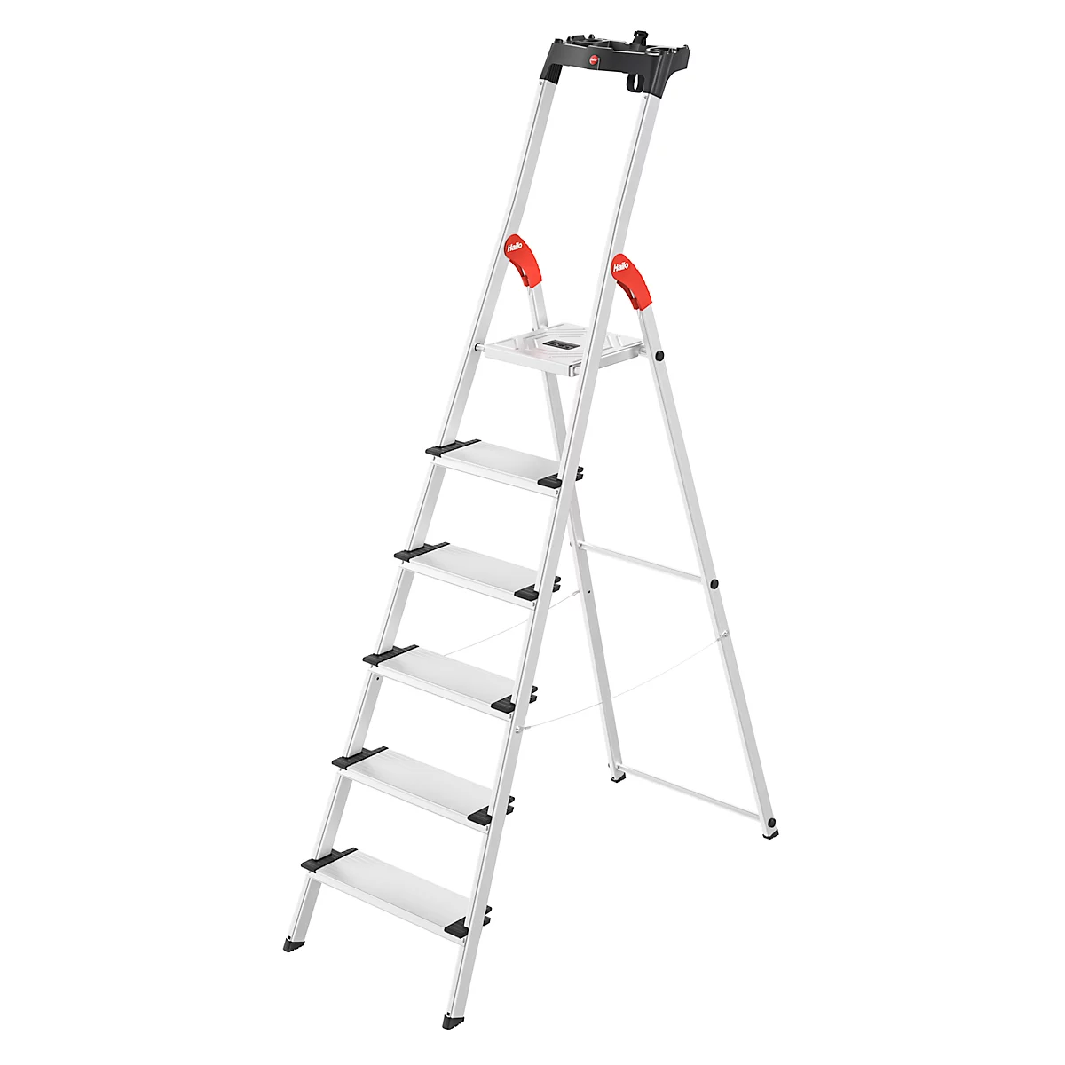 Silver stepladder, side view, on white background. The ladder has six steps, red armrests and a black handrail.