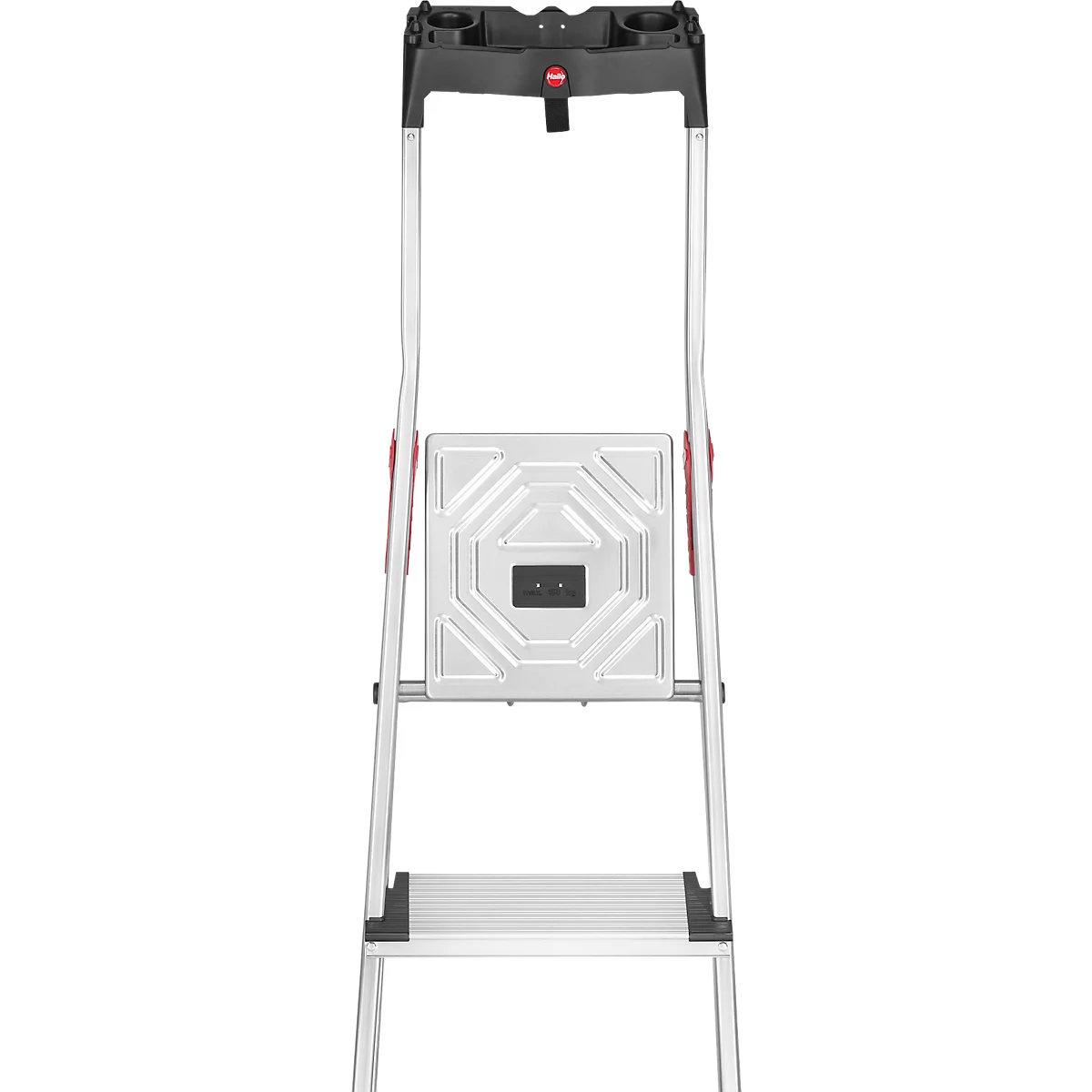 Gray stepladder with black top frame and red safety. The ladder has two steps and a square platform.