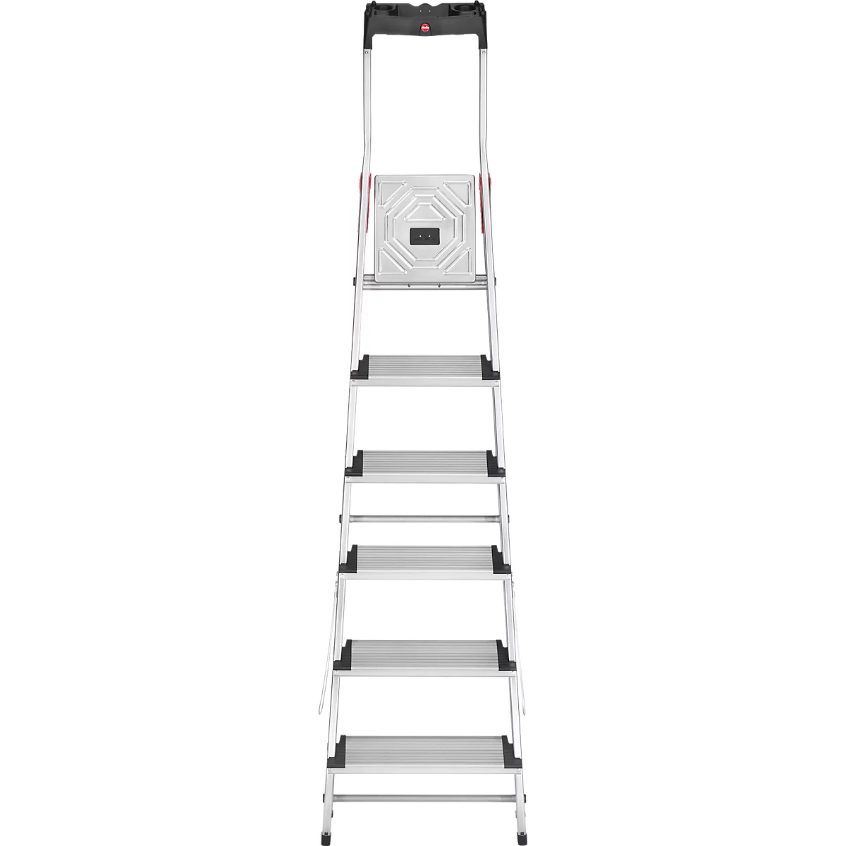 Grey step ladder against white background. It has six steps and a black handle.