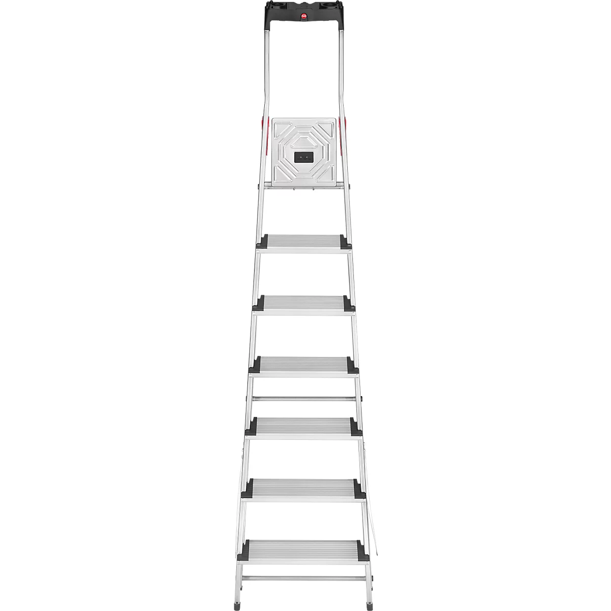 A grey step ladder with black treads stands against a white background. The top platform is wider.