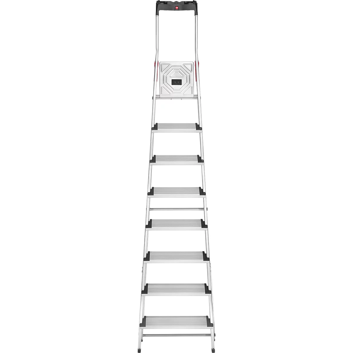Metal ladder. The ladder has 8 steps, an upper platform and a handle.