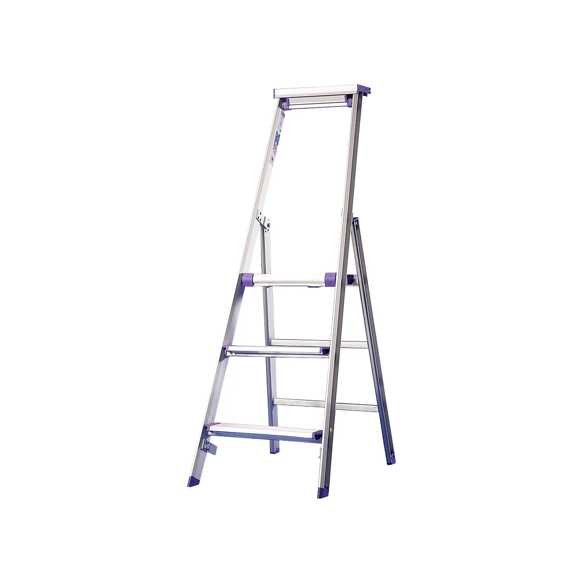 Silver stepladder, purple accents. Three steps, an upper frame.