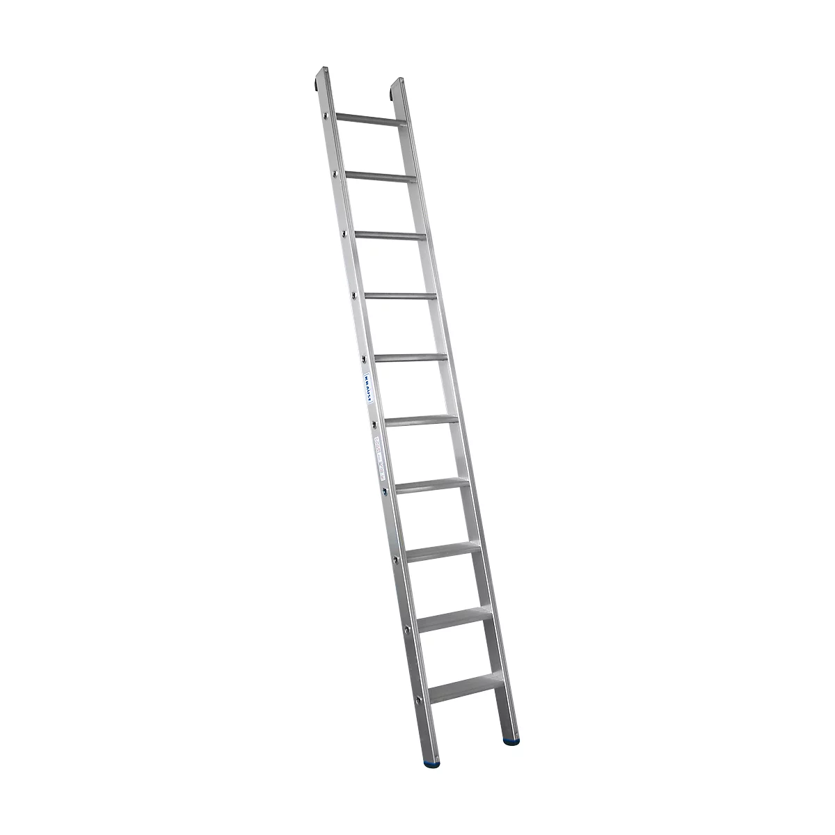 A silver aluminum ladder leans diagonally against a white wall. It has nine rungs and blue rubber feet.