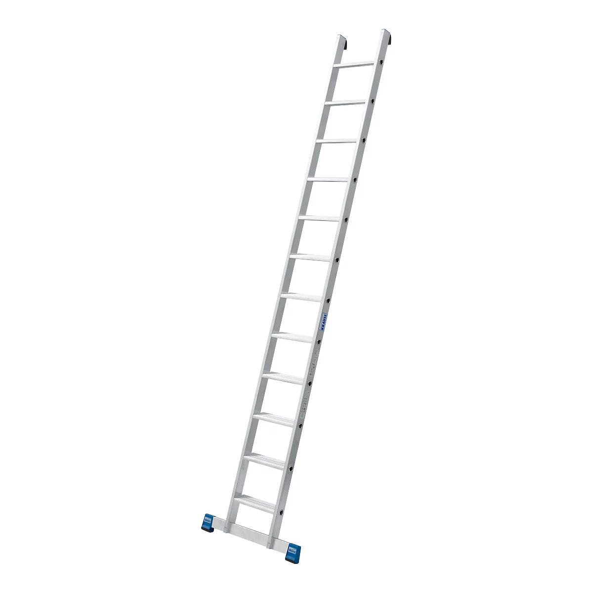 A silver ladder leaning against a white background. Blue feet at the bottom, black details.