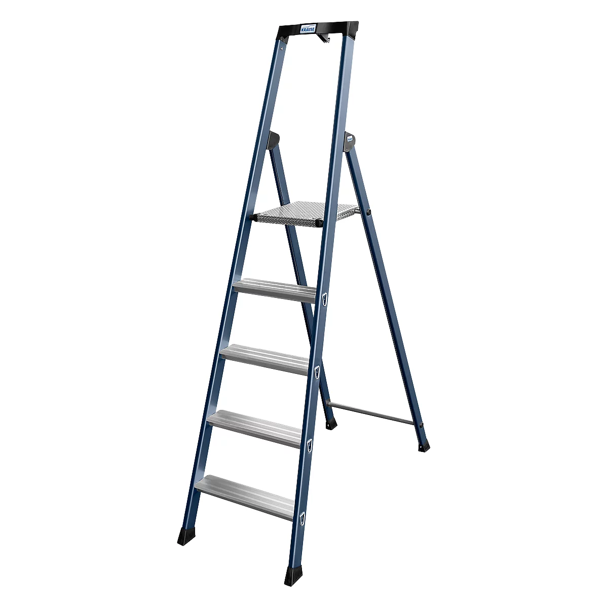 A blue stepladder stands against a white wall. It has five steps and a platform.