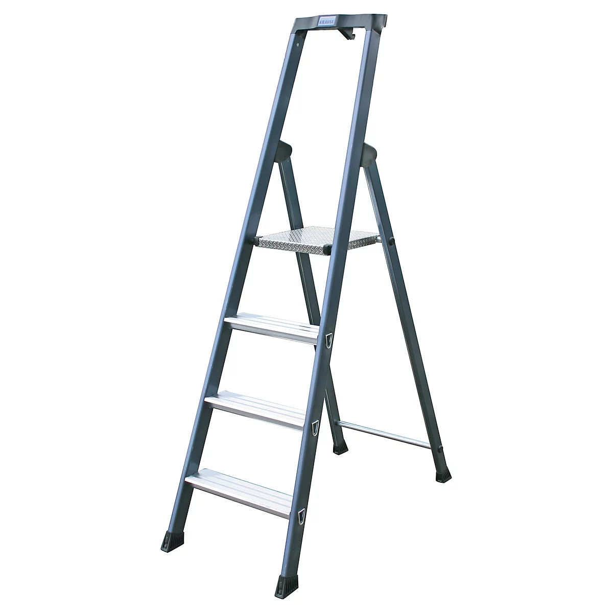 Gray step ladder, 4 steps, standing open.