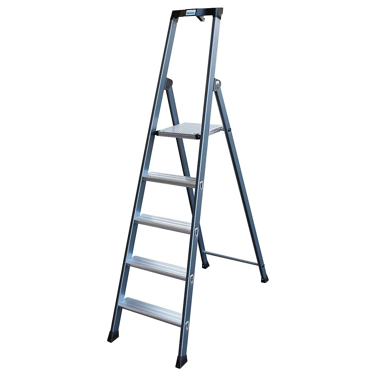 Grey step ladder with four steps standing on a white background.