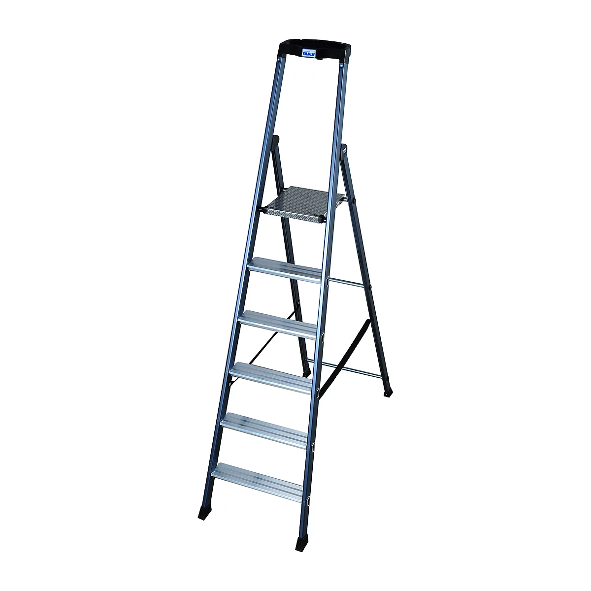 Grey step ladder with four steps and a platform, against a white background.