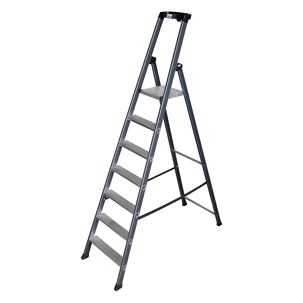 Grey folding ladder with six steps stands against white background. Handles on top, non-slip steps.