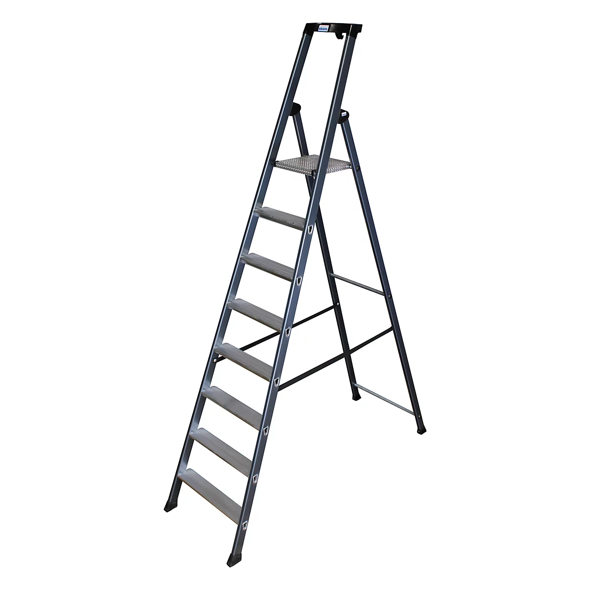 Gray, foldable household ladder. The treads and standing area are wide, the frame is made of metal.