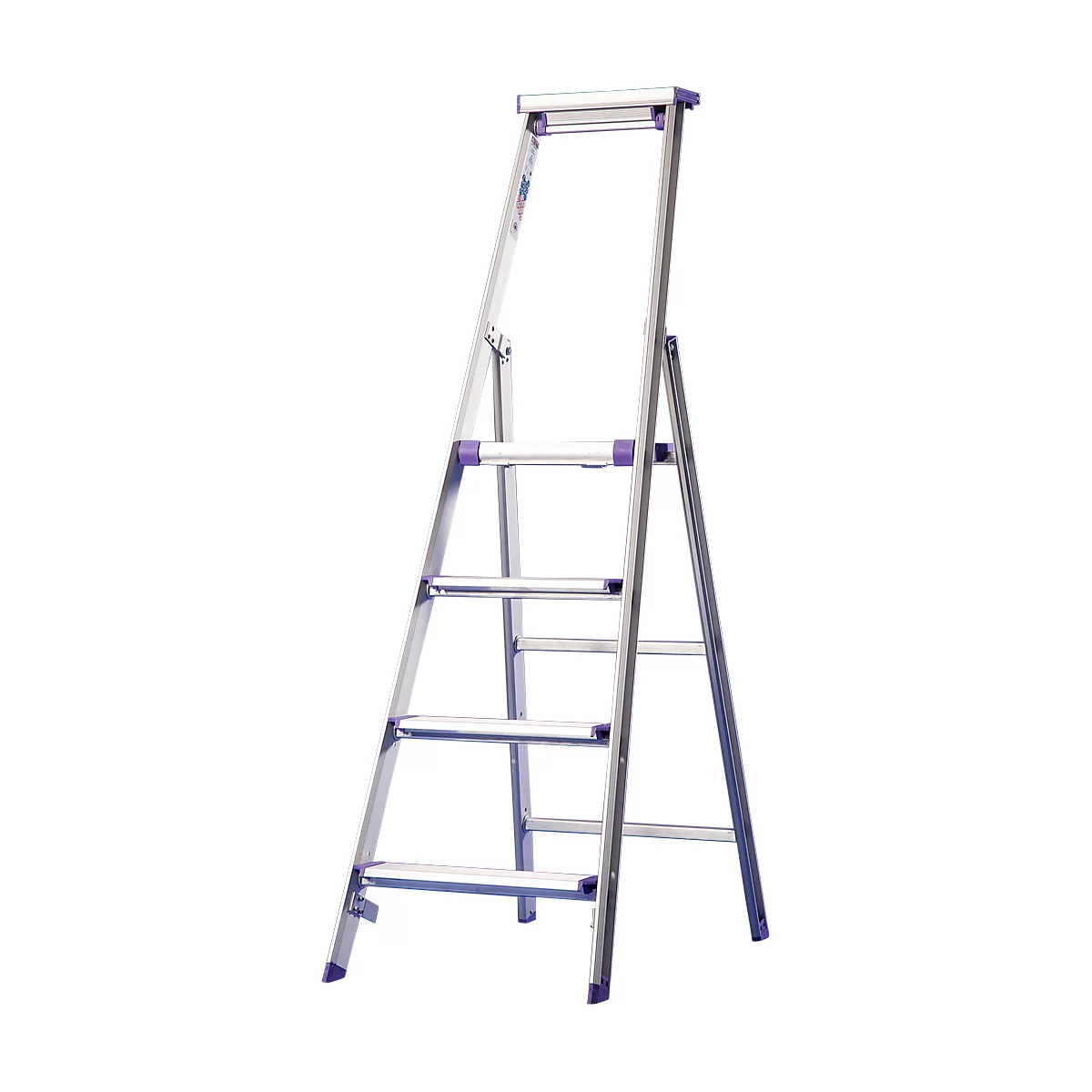 Silver stepladder with purple elements. The ladder is unfolded.