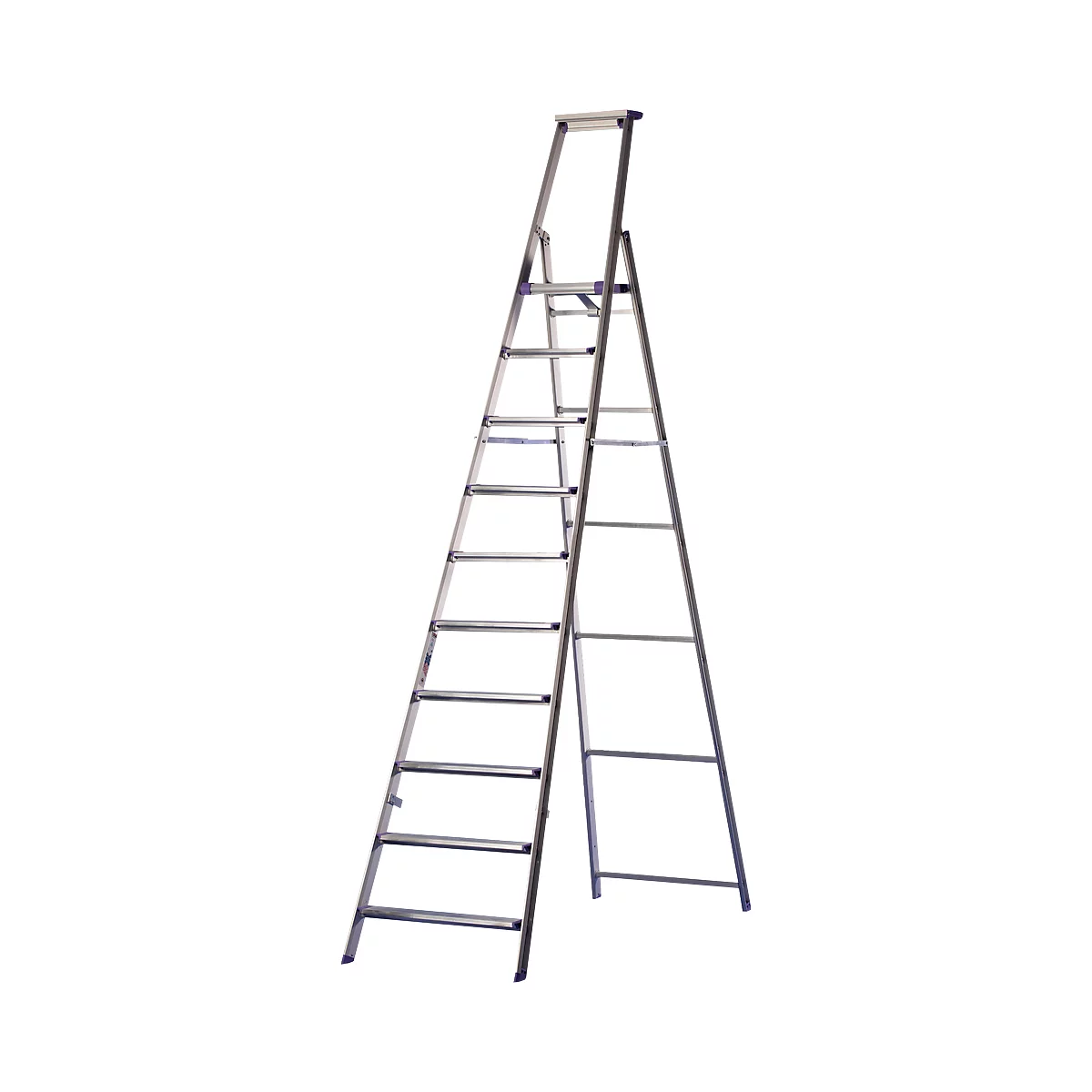 Silver, free-standing ladder, partially unfolded. The rungs are mounted horizontally and reinforced by struts.