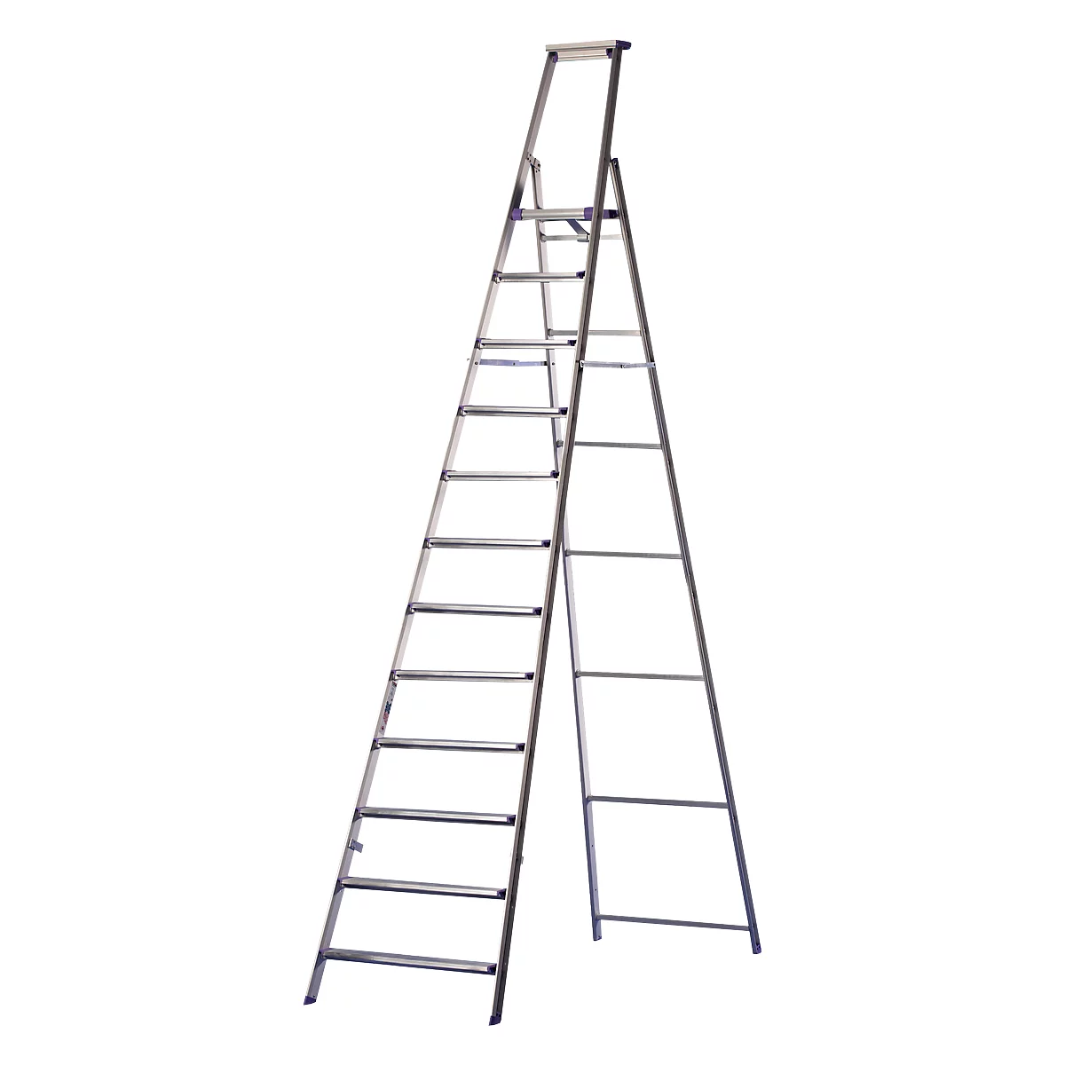A silver ladder, half unfolded, with rungs and an upper frame.