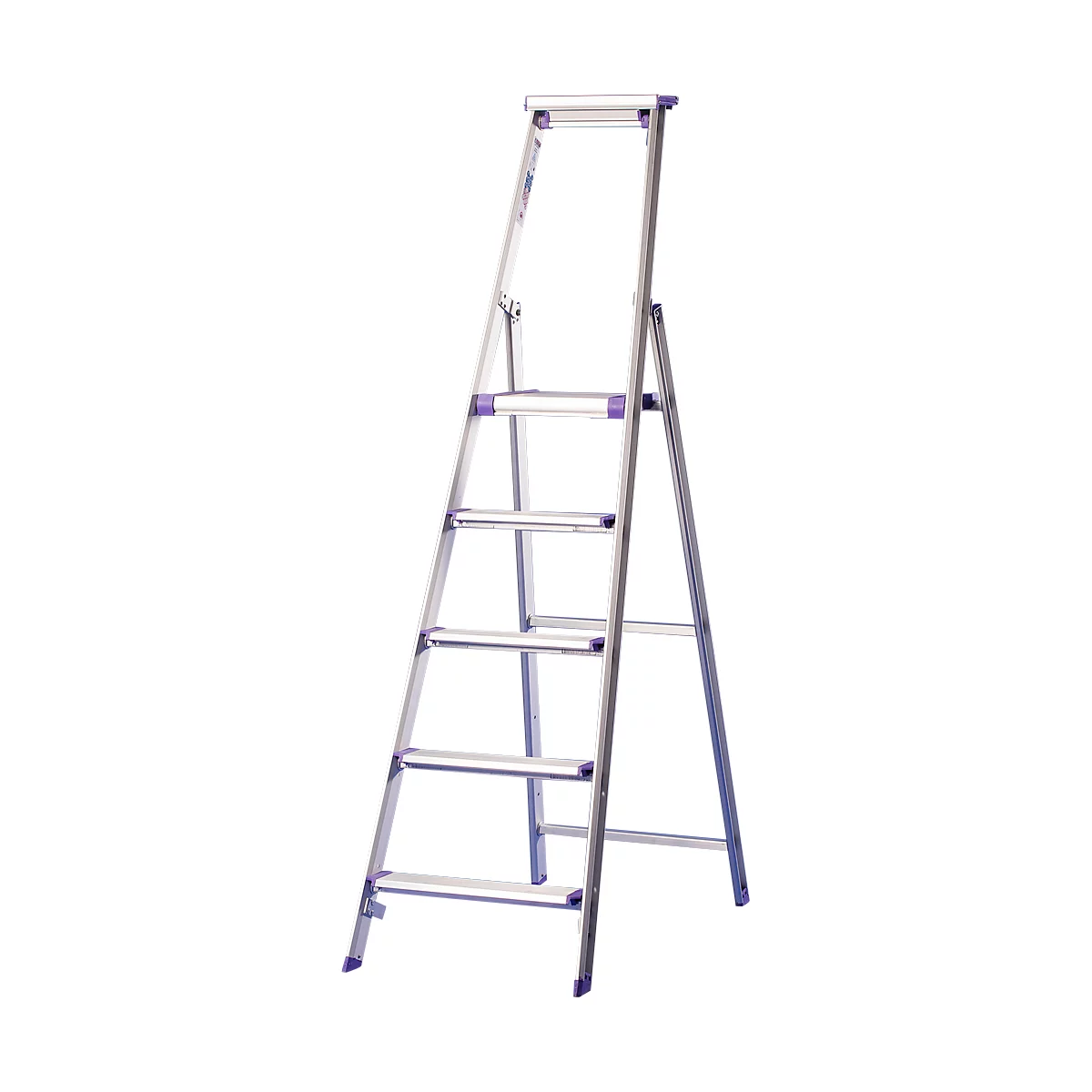 A silver, freestanding ladder with six steps standing against a wall in the closed position. The steps and feet are purple.