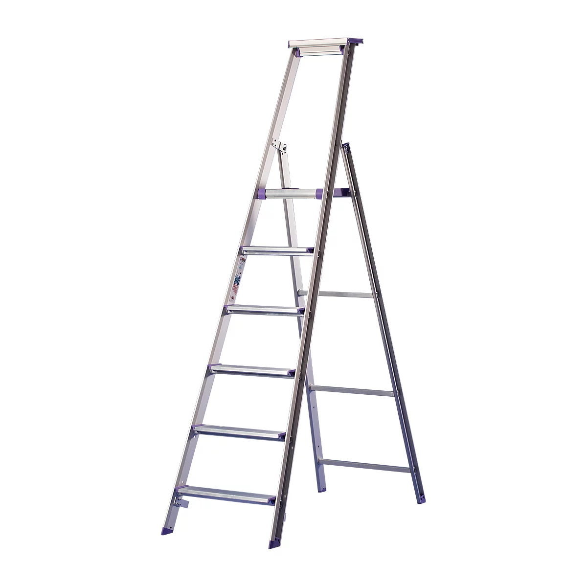 Silver stepladder with purple accents standing upright. It has five steps and is unfolded.