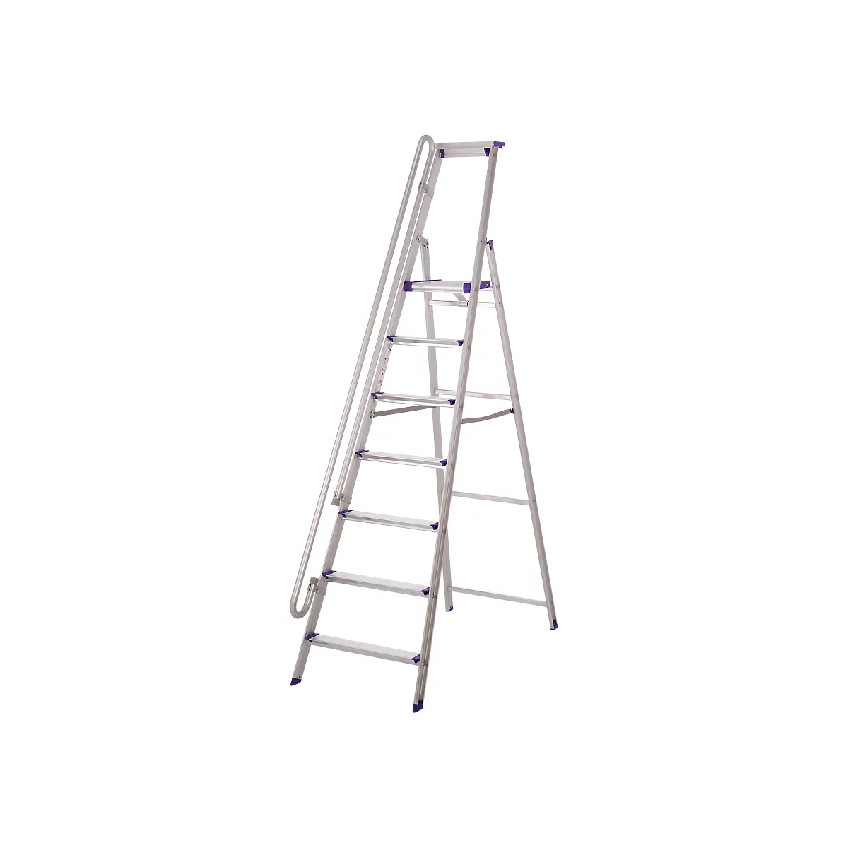 A silver stepladder with seven steps, a handrail and purple accents.