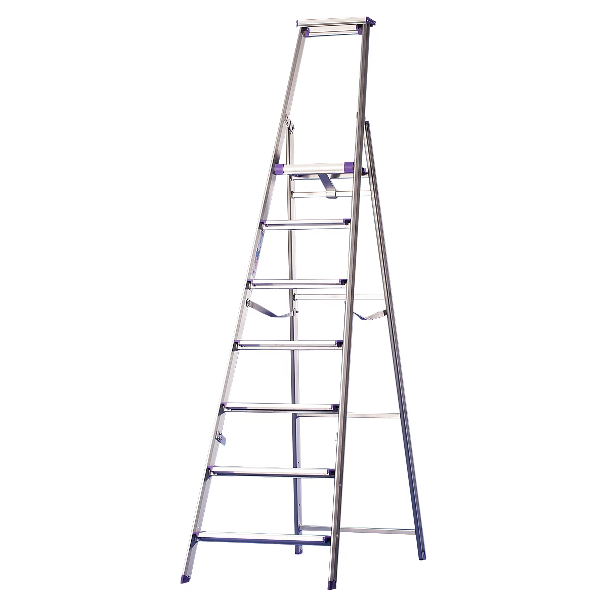 A silver stepladder with seven steps, purple accents and a white top frame.