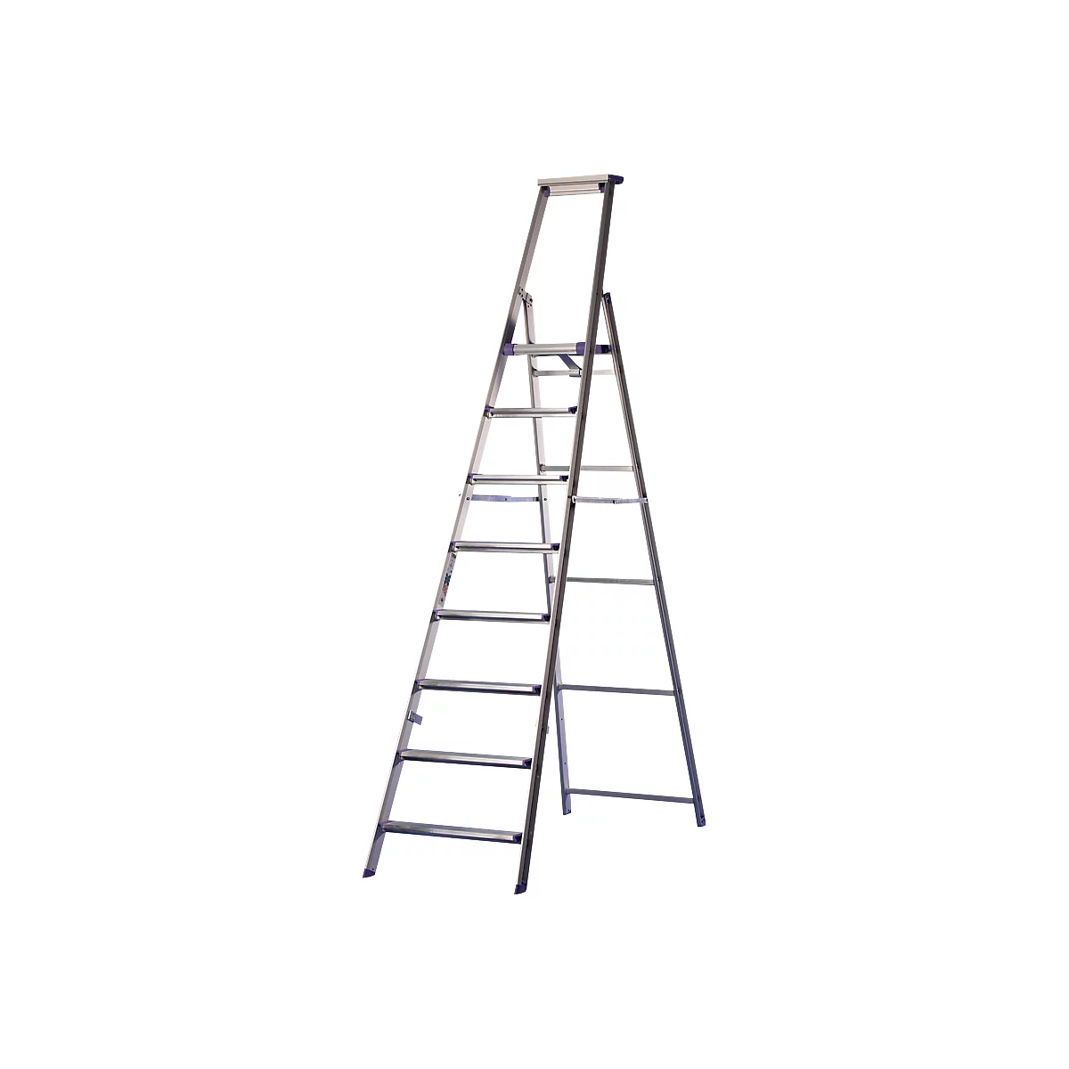 A silver double ladder set against a white background.