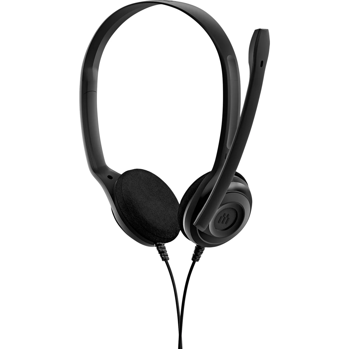 Zwarte headset met oorschelpen, hoofdband en microfoonarm. De kabel loopt naar beneden.