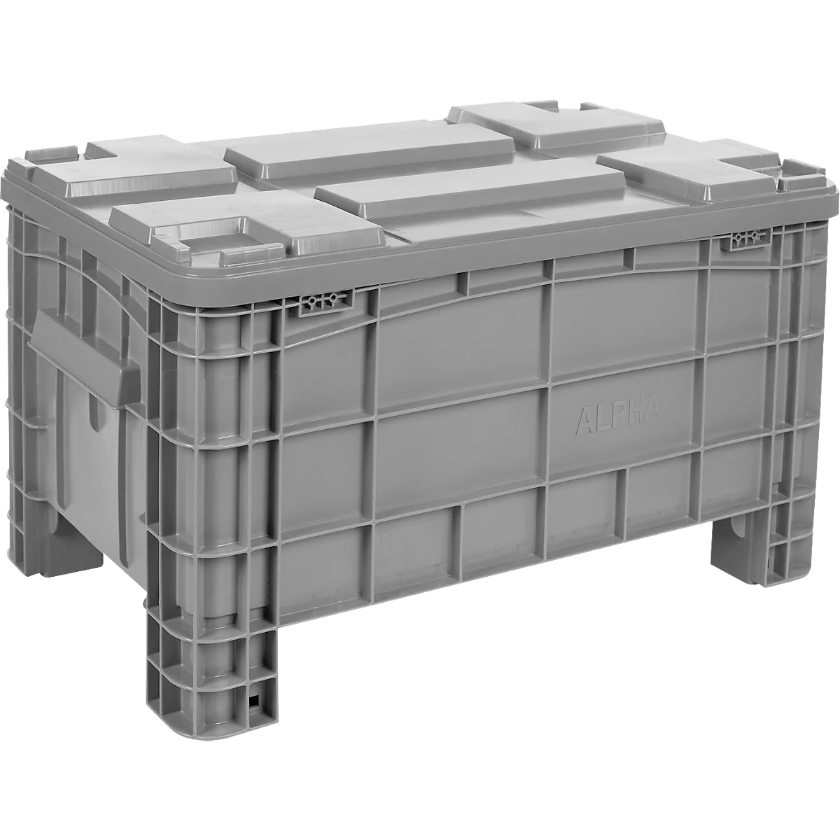 Grijze plastic box met deksel en poten. Opschrift ALPHA.