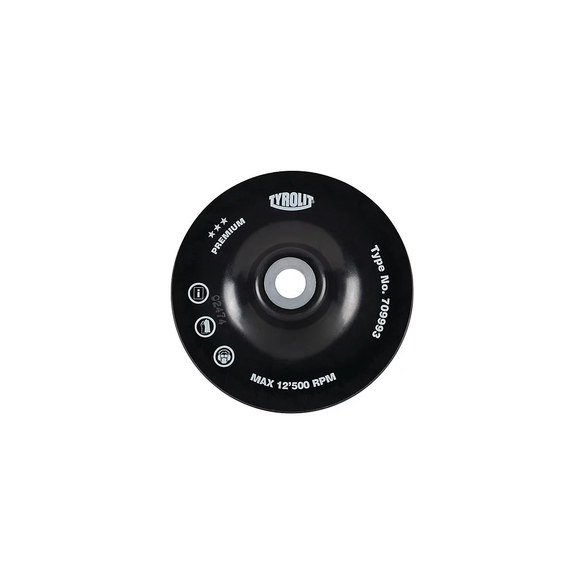 Zwarte slijpschijf met witte letters en logo's. "Tyrolit Premium", "MAX 12'500 RPM", Type nr. 70993.