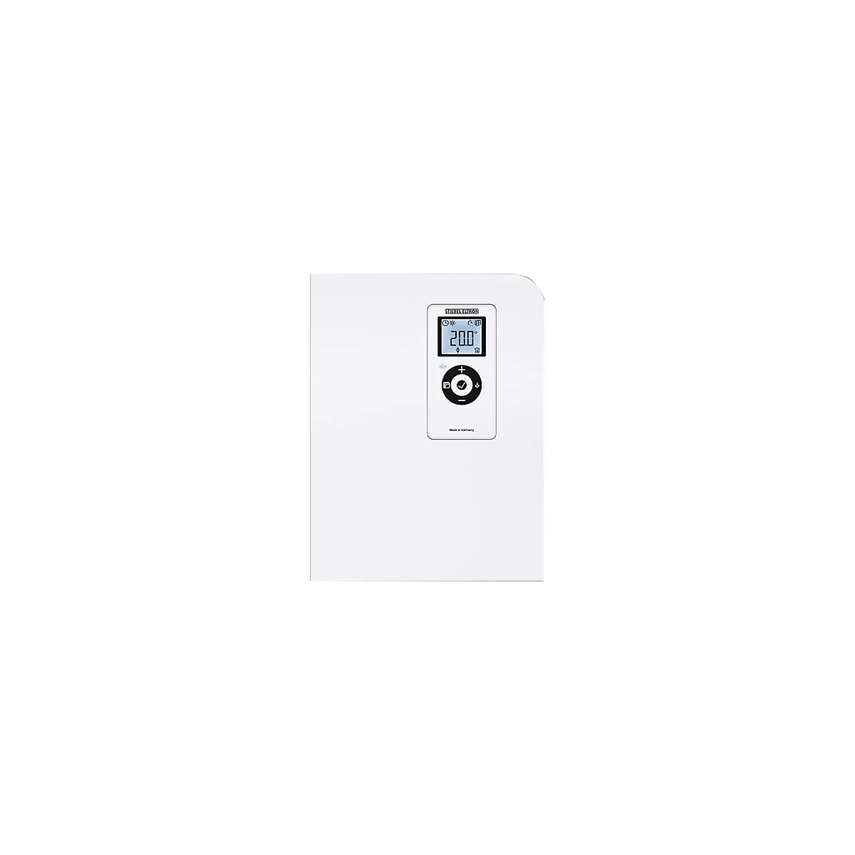 Weißes Wandgerät von Stiebel Eltron mit digitalem Display und Bedienfeld zur Temperatursteuerung.