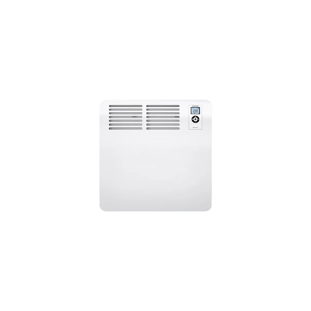 Weißer Wandheizkörper mit Lüftungsschlitzen oben links und einem digitalen Thermostat mit Display rechts.