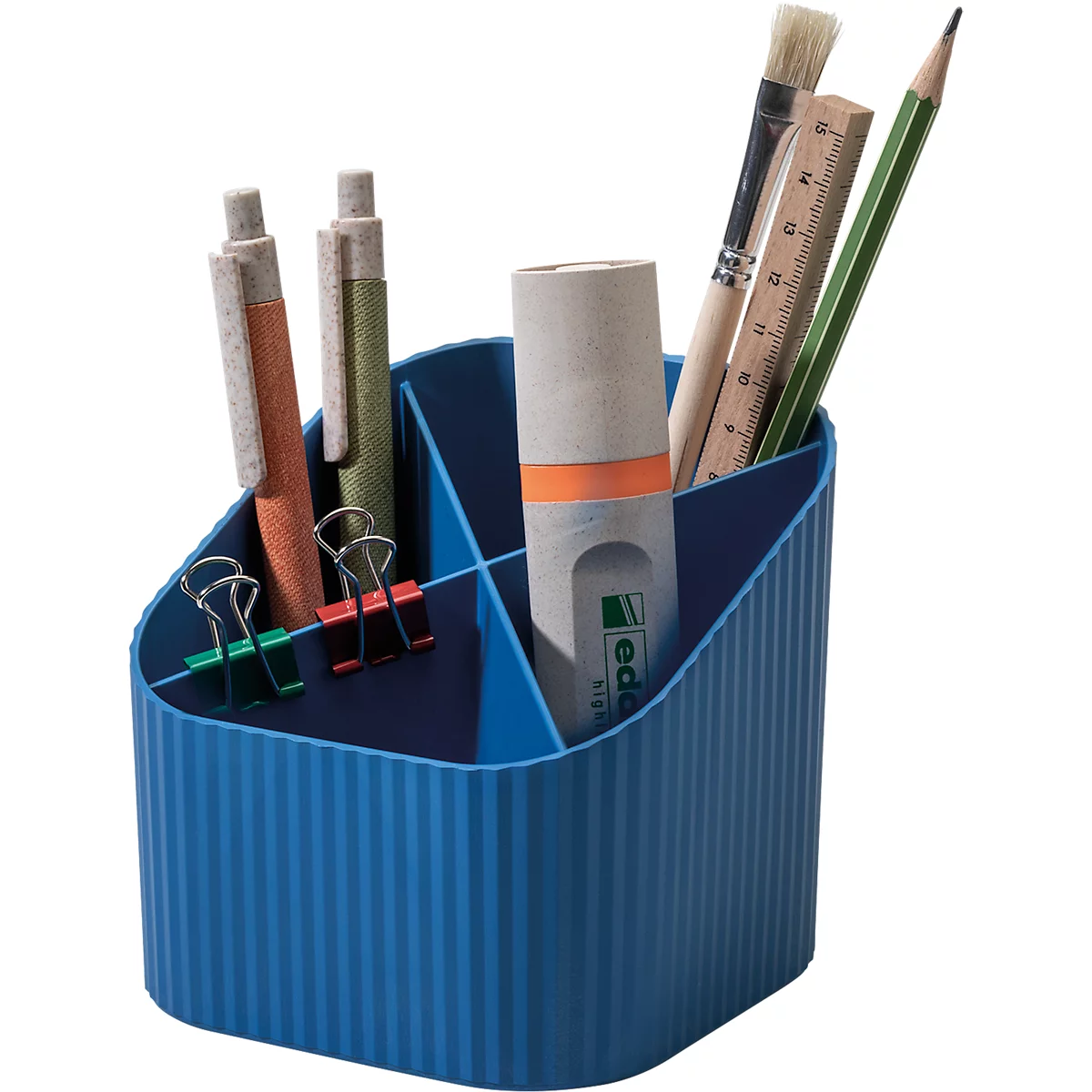 Stiftehalter HAN Karma, 4 unterschiedlich hohe Fächer, B 111 x H 105 x T 111 mm, recycelter Kunststoff, blau