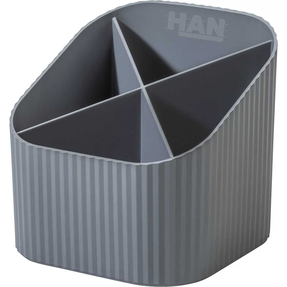 Stiftehalter HAN Karma, 4 unterschiedlich hohe Fächer, B 111 x H 105 x T 111 mm, recycelter Kunststoff, grau