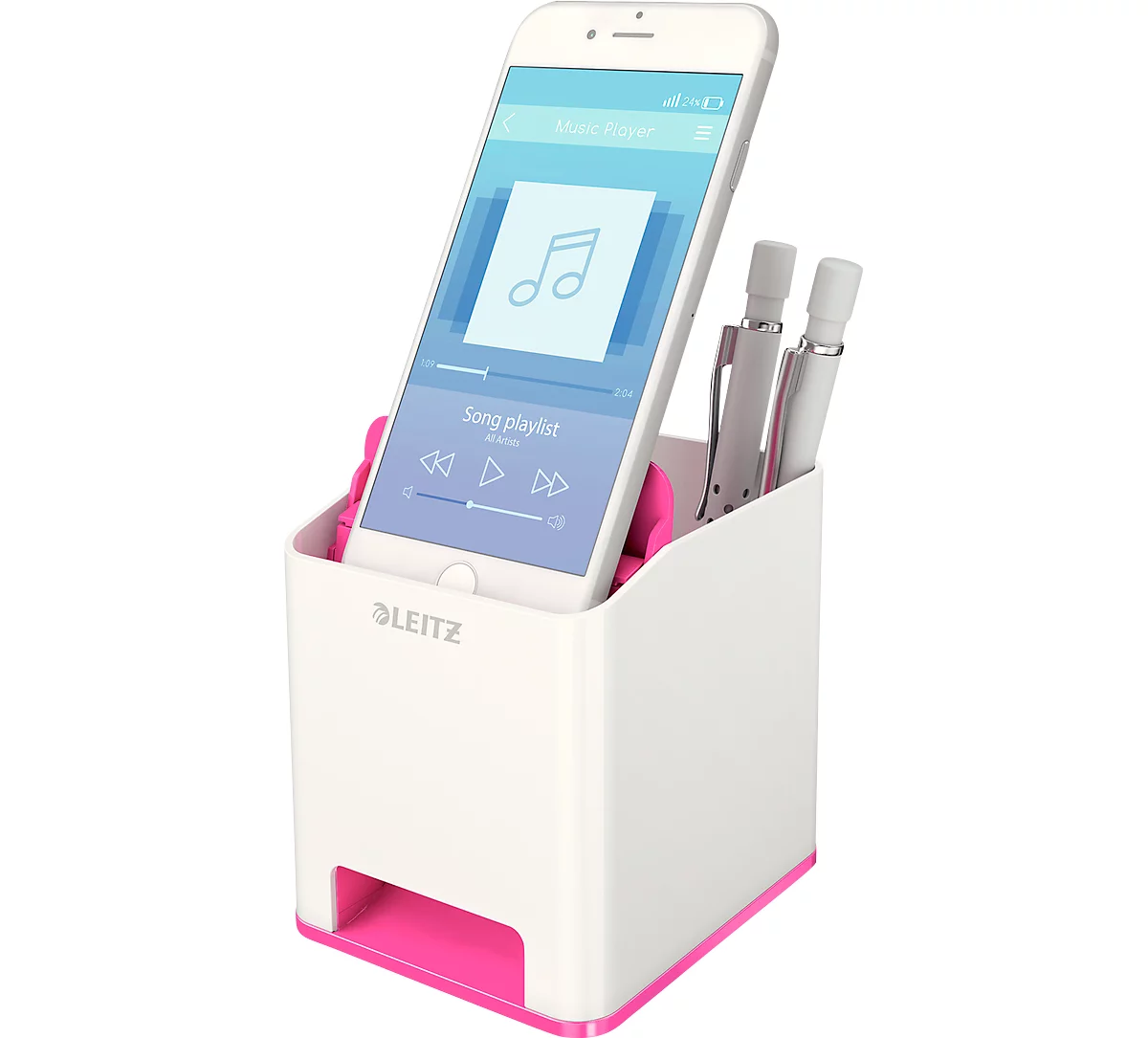 Stiftehalter Leitz WOW Sound, 1 Fach, Smartphone-Fach mit Soundverstärkung, weiß/pink