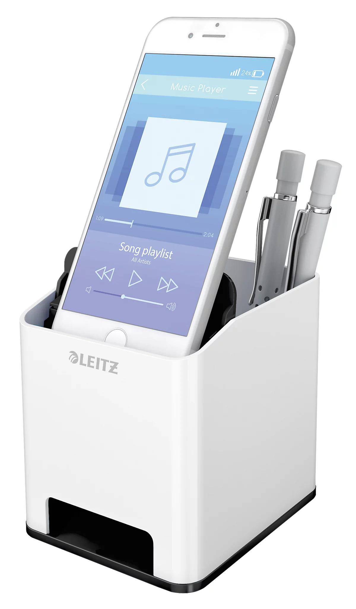Stiftehalter Leitz WOW Sound, 1 Fach, Smartphone-Fach mit Soundverstärkung, weiß/schwarz