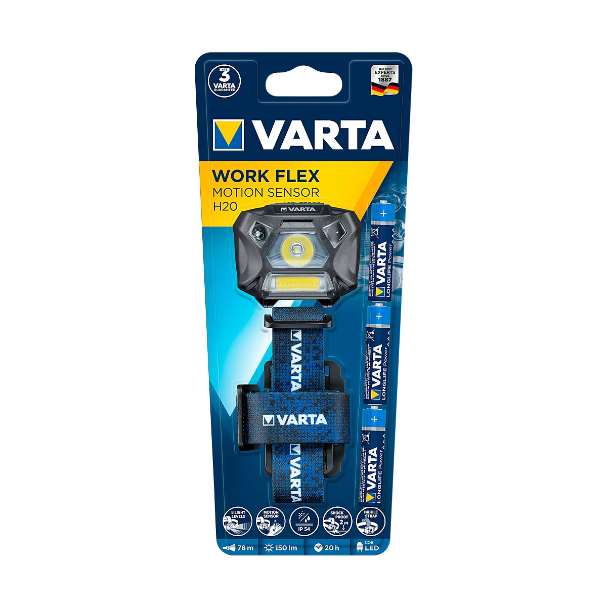 Stirnlampe Varta Work Flex Motion Sensor H20, CBOB-LED Technologie, 42-78 m, 2 Leuchtmodi & 8 Leuchtstufen, IP54